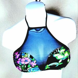 NWOT Black Floral High Neck Mesh Bikini Top Size Large